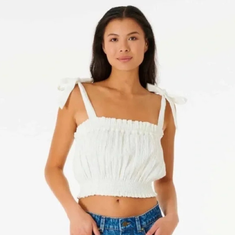 Rip Curl White Smocked Tie Front Crop Tank